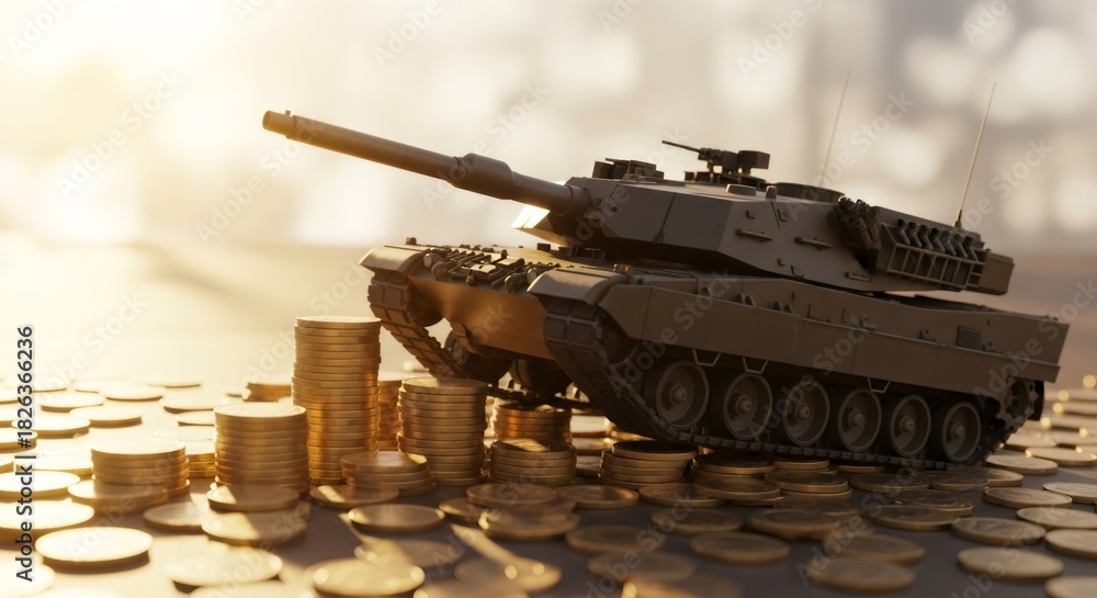 Obraz premium Tank model on a pile of gold coins. Concept of economic war, sanctions, and financial crisis. Illustration of military spending impact on economy.