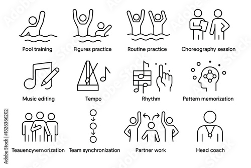 Linear dance practice and training icons set with music editing elements