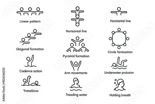 Swimming techniques depicted in modern linear icons for training guides and tutorials