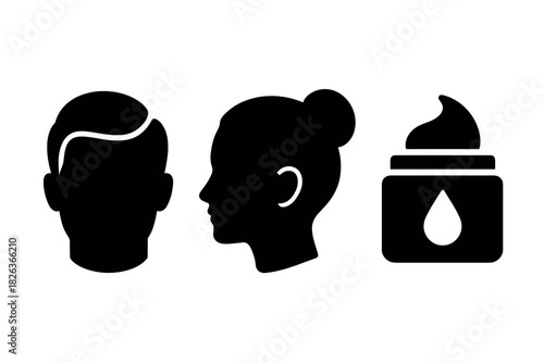 Silhouette icons of male and female profiles with skincare product