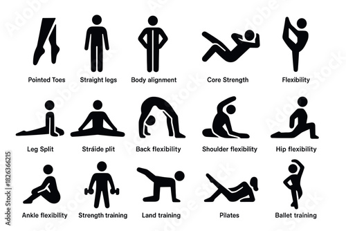 Fitness and flexibility silhouette icons for exercise routines and training sessions