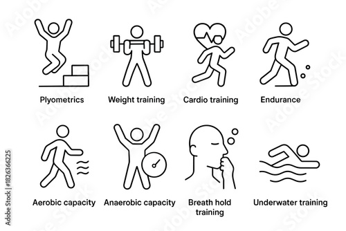 Fitness icon set: diverse physical training techniques in minimalist design