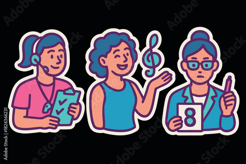 Diverse professions illustration featuring teacher, singer, and doctor in vibrant cartoon style