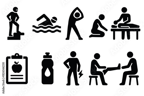 Fitness and wellness silhouettes: exercise, therapy, and nutrition icons