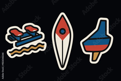 Colorful canoe kayak rafting and spinning top cartoon stickers