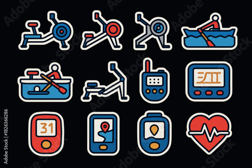 Colorful fitness activity icons: equipment, devices, and heartbeat tracker