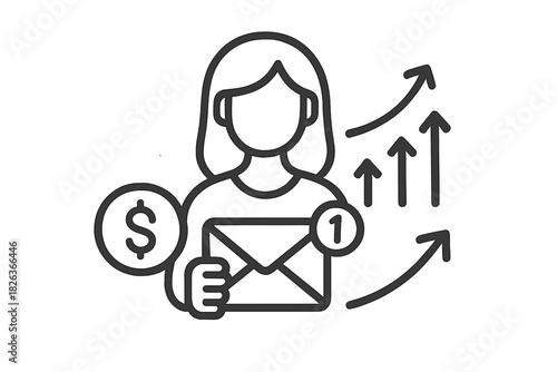 Woman icon holding message envelope with dollar sign and upward growth arrows