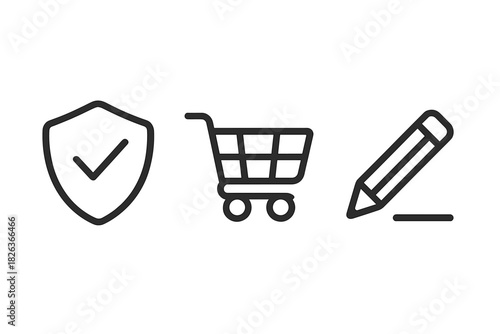 Secure online shopping cart, digital signature, and editing process line icons
