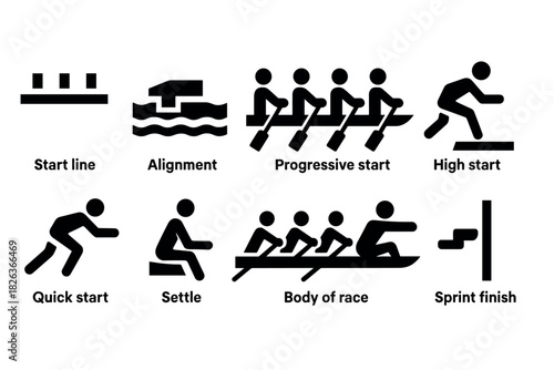 Rowing race techniques: icon set for competitive paddling