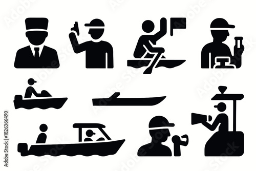 Silhouette pictograms of boat activities and water navigation symbols
