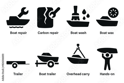 Boat maintenance icons: repair, wash, wax, and transport symbols