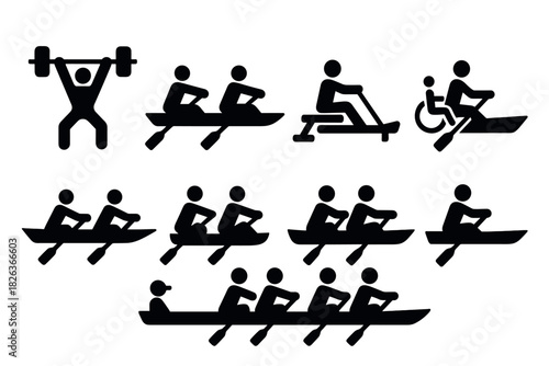 Silhouette icons of rowing and weightlifting activities in inclusive sports design