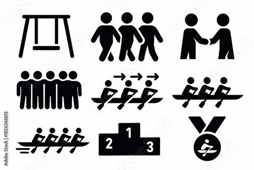Teamwork icons: collaboration and sports silhouettes in black and white
