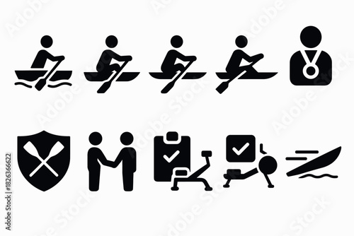 Rowing icons collection: flat style designs featuring sports and fitness elements