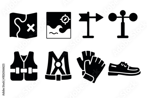 Adventure gear icons set: map, compass, arrow, anemometer, life vest, harness, gloves, shoes