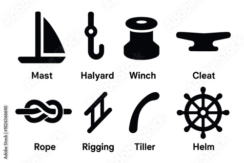 Essential nautical icons: simplistic black silhouette symbols for marine elements