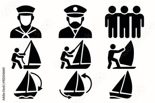 Nautical silhouette icons: sailboat, sailing, captain, crew, wind surfing, seamless design set