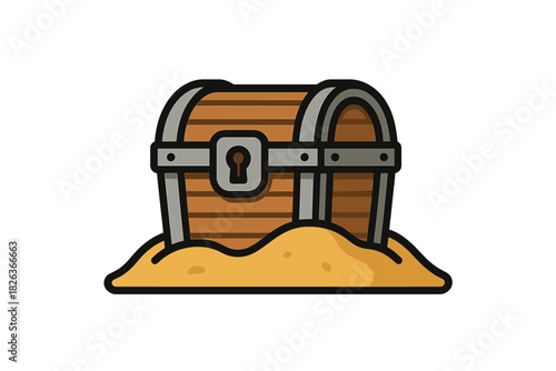 Closed wooden treasure chest with metal straps and keyhole partially buried in sand