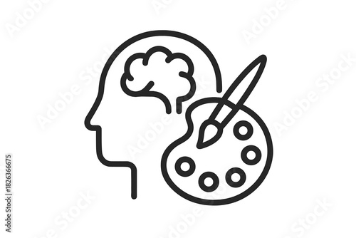 Human head profile with brain, paintbrush, and palette for creative thinking