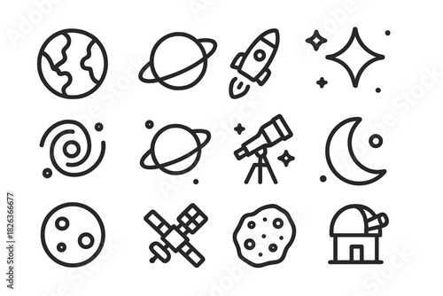 Simple outline symbols of planets, rockets, satellites, and astronomy exploration