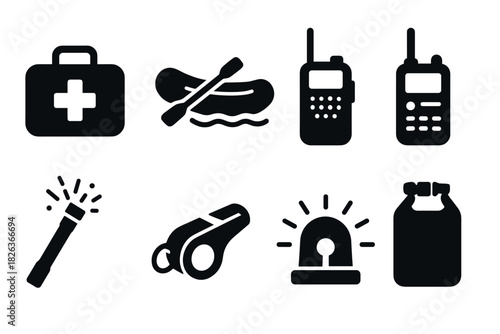 Emergency and rescue icons: first aid, raft, radio, flare, whistle, alarm, bag