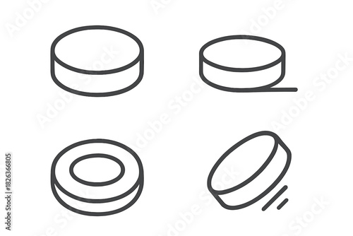 Minimalist outline symbols of hockey pucks in various positions and movement