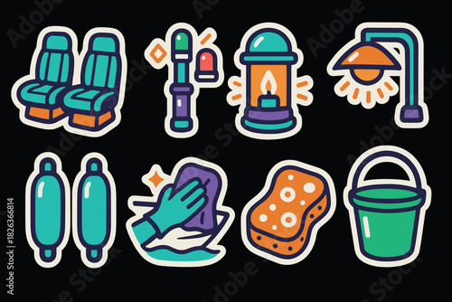 Colorful stickers of automotive and cleaning icons on black background