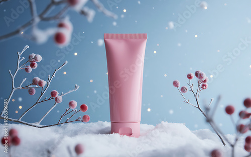 Pink cosmetic tube in snow with red berries and soft blue bokeh background