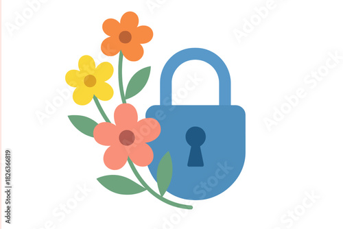 Blue padlock representing security and privacy surrounded by colorful blooming flowers