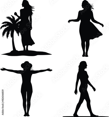 Set of four elegant female silhouettes depicting different postures and styles, from a tropical beach scene to casual walks, isolated on