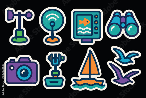 Nautical and technology icon set with bold outline on black background