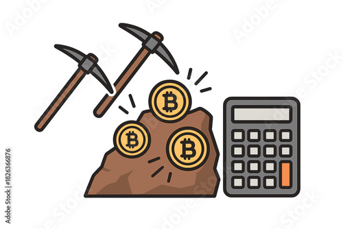 Digital currency mining concept with pickaxes extracting coins and calculating financial profits