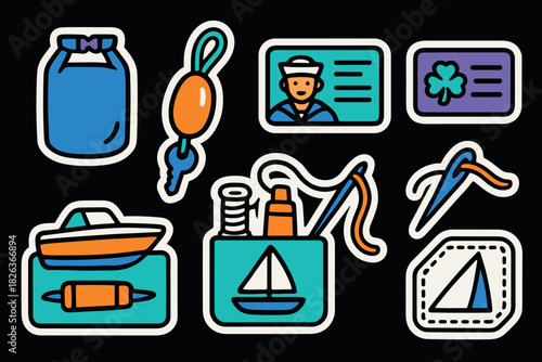 Nautical themed sticker set with sailor, boat, and travel icons on black background
