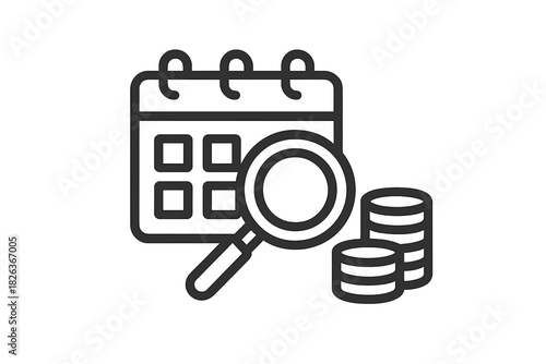 Calendar schedule review with magnifying glass and stacked coins for financial planning