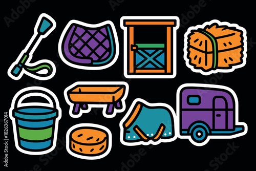 Colorful horse riding equipment icons on black background