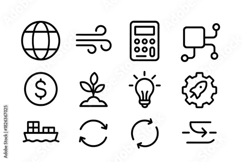 Collection of symbols representing global business, financial growth, innovation, and environmental sustainability