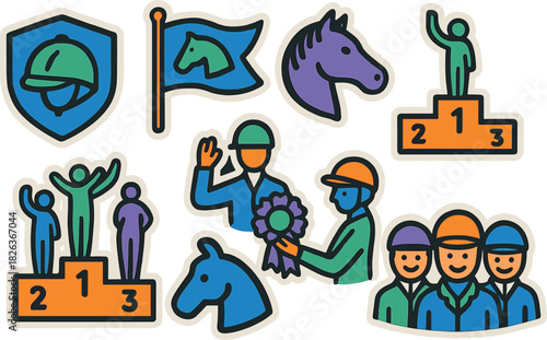 Colorful equestrian achievement icons and symbols for competitions