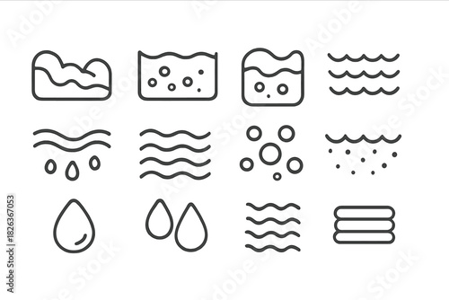 Simple outline icons depicting water, waves, liquid, drops, bubbles, and moisture states
