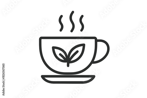 Minimalist black and white icon of a hot cup of herbal tea with leaves and rising steam on a saucer