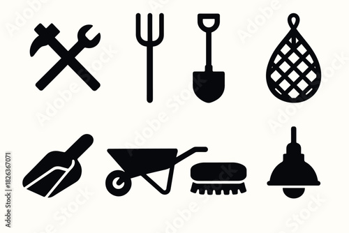 Gardening tools set: silhouette icons of essential garden equipment