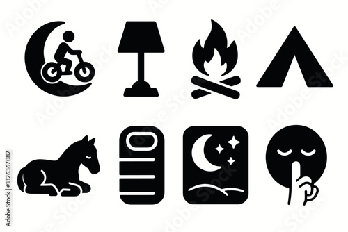 Camping silhouettes: night ride, campfire, tent, and more icons