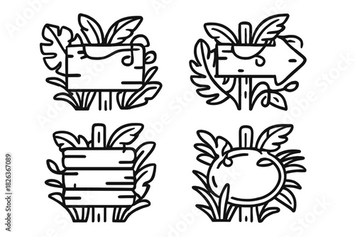 Tropical jungle wooden signboards and direction arrows surrounded by lush foliage