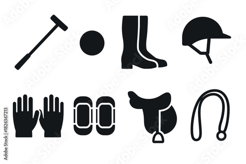 Essential equestrian gear silhouettes: boots, helmet, saddle, and accessories