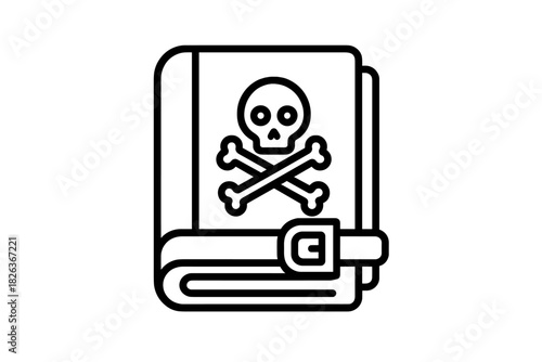 Occult spellbook with skull and crossbones symbol secured by a belt strap