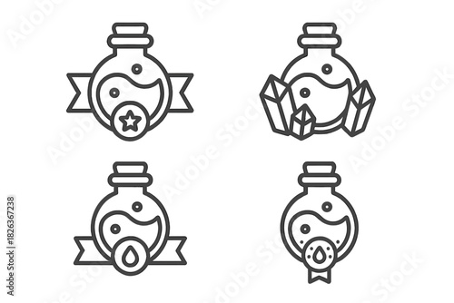Set of magical potion bottles and mystical ingredients for fantasy and alchemy design