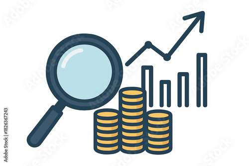 Financial analysis of market growth and investment search using magnifying glass and money stacks