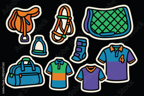 Colorful horse riding equipment stickers on black background