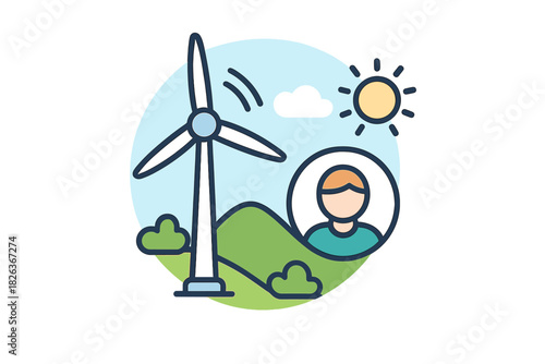 Wind turbine generating sustainable energy under a sunny sky with a symbolic human profile