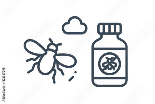Pest control spray bottle and flying insect icon for bug repellent and outdoor protection