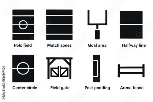 Polo field elements icons set: minimalist sport silhouette design